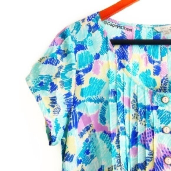 I Love H81 Crop Top M Boxy Retro Pastel Blue Print Pleated Button Down Oversized - Picture 3 of 7